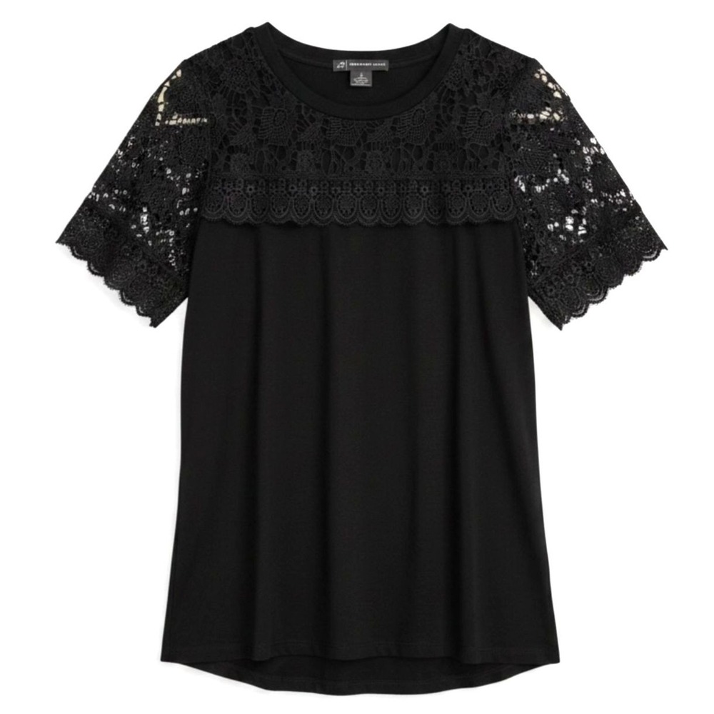 Adrianna Papell Black Lace Yoke Short Sleeve Blouse Scallop Trim Size Small